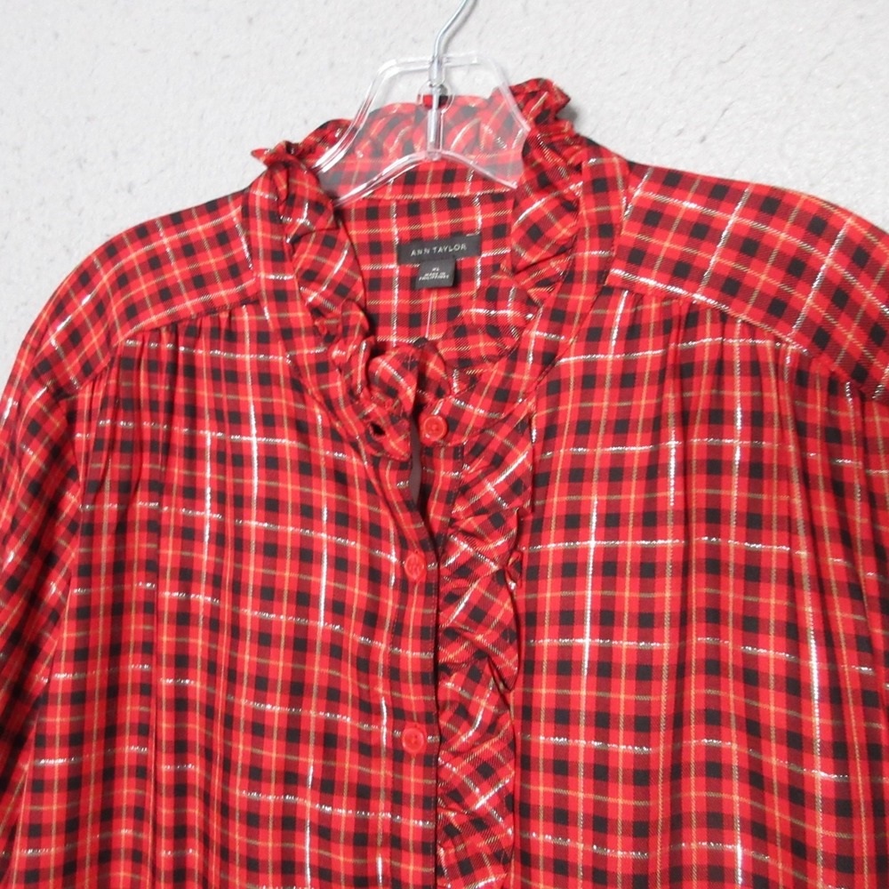 Ann Taylor Top XL Red Plaid Ruffle Neck Popover‎ Metallic Holiday Timeless NWT
